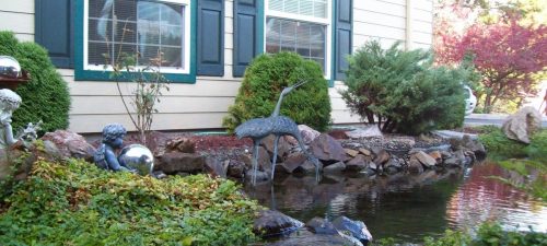 A tranquil pond with a bird statue positioned in the water, framed by vibrant plants and trees.